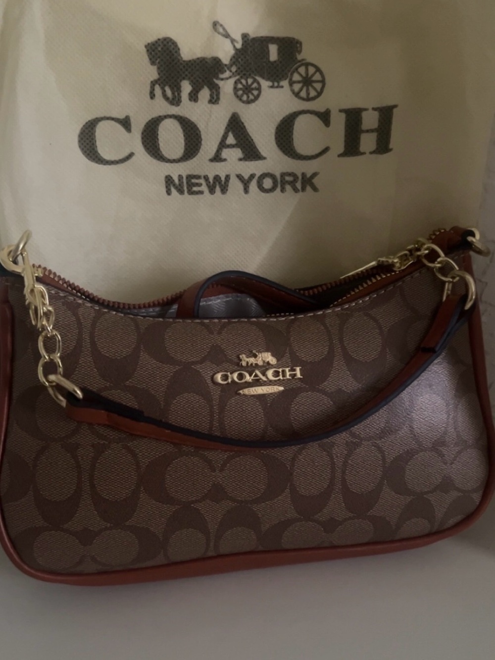 Coach Brown Signature Canvas Shoulder Bag with Gold Hardware